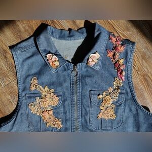 Custom Floral Ribbon Rose Blue Denim Vest Zip Up Wearable Art Womens Top